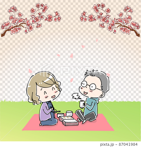 桜の木の下でピクニックシートを広げてお弁当を食べる男女 桜の木の下でピクニックシートを広げてお弁当を食べる男女 87041984