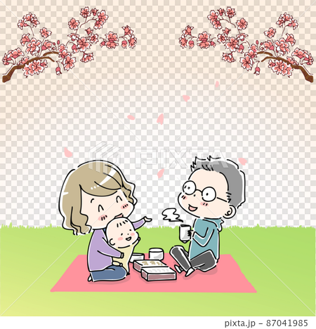 A family who spreads a picnic sheet and eats a lunch box 87041985