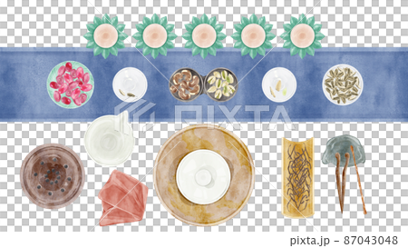 Chinese tea party tools hand drawn watercolor style illustration 87043048