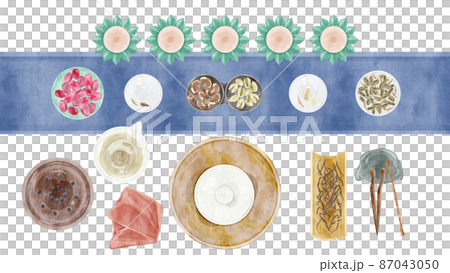 Chinese tea party tools hand-painted watercolor style illustrations Chinese tea party tools hand-painted watercolor style illustrations 87043050