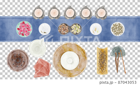 Chinese tea party tools hand drawn watercolor style illustration 87043053