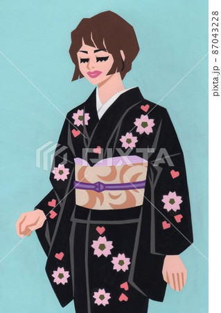 桜文様の着物を着てポーズをとる女性 のイラスト素材