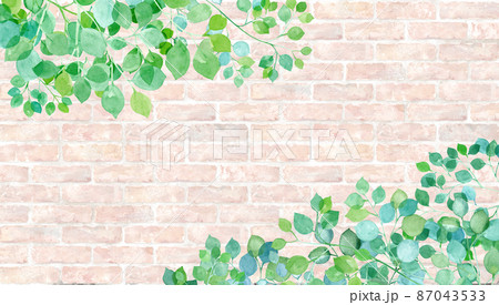 明るいレンガの壁を背景にした新緑の水彩イラスト。春、夏のボタニカル装飾背景。壁紙。  87043533