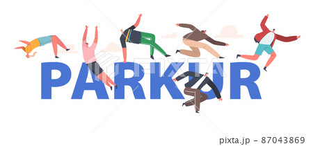 Parkour Concept. Young Men and Women Jumping Over Walls and Barriers, Teenagers Urban Sports, Active Lifestyle Parkour Concept. Young Men and Women Jumping Over Walls and Barriers, Teenagers Urban Sports, Active Lifestyle 87043869