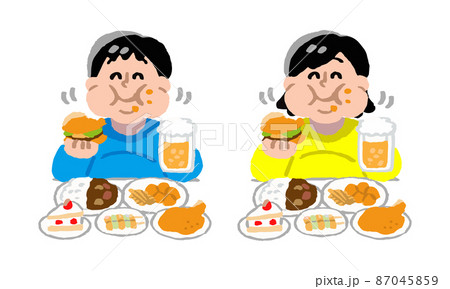 ビールジョッキ片手に暴飲暴食する肥満男女（手描きカラー） 87045859
