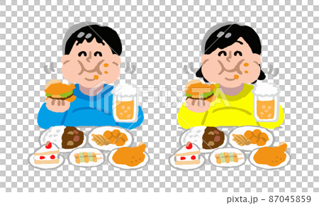 ビールジョッキ片手に暴飲暴食する肥満男女（手描きカラー） 87045859