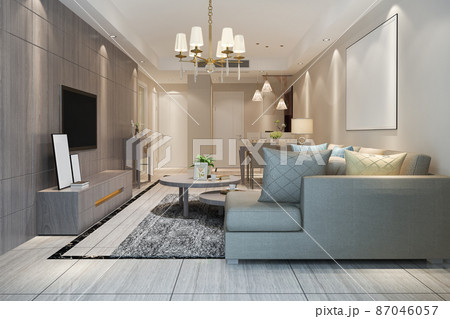 3d rendering loft luxury living room with shelf near dining table 87046057