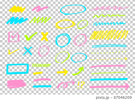 手書きの線画のデザイン素材のベクターイラストセット(吹き出し,矢印,太陽,チェック) 87046209
