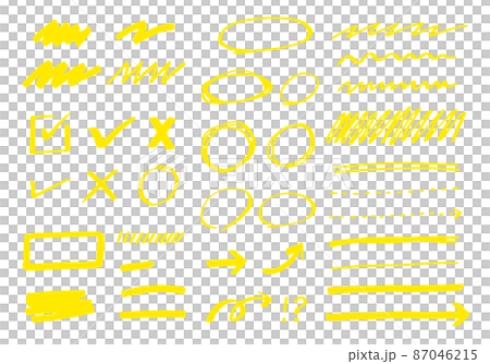 手書きの線画のデザイン素材のベクターイラストセット(吹き出し,矢印,太陽,チェック) 87046215