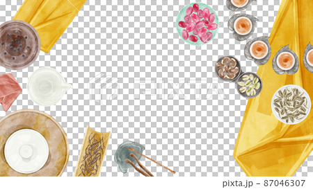 Chinese tea party tools hand drawn watercolor style illustration 87046307
