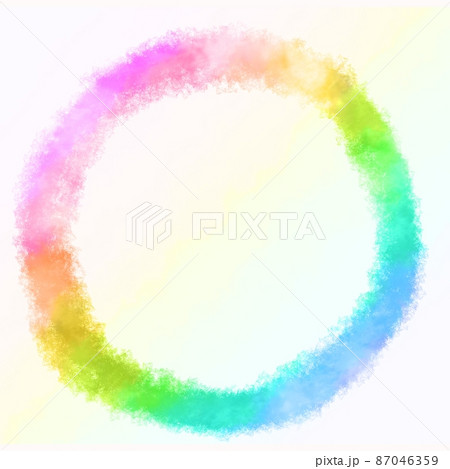 手描きの虹色水彩の円フレームのイラスト素材