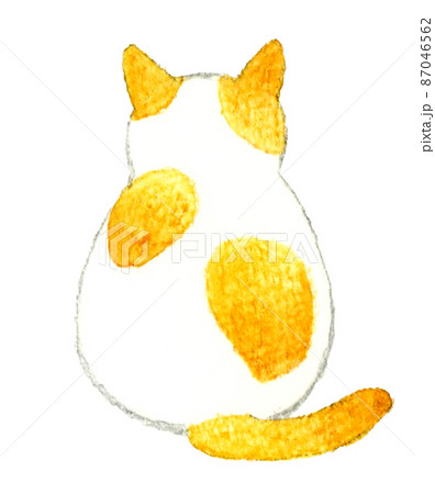 猫のかわいい手描き水彩イラスト　座るブチ柄茶白猫の後ろ姿 87046562