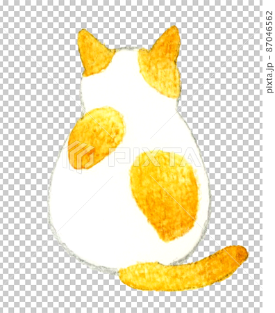 猫のかわいい手描き水彩イラスト　座るブチ柄茶白猫の後ろ姿 87046562