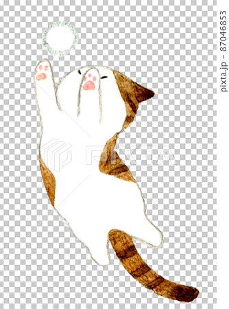 猫とペットのおもちゃのかわいい手描き水彩イラスト　ジャンプして毛玉ボールで遊ぶサバ白猫 87046853