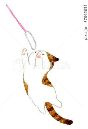 猫とペットのおもちゃのかわいい手描き水彩イラスト ジャンプして