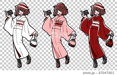Anime-style full-body illustration of a kimono girl with a camera (set) 87047801