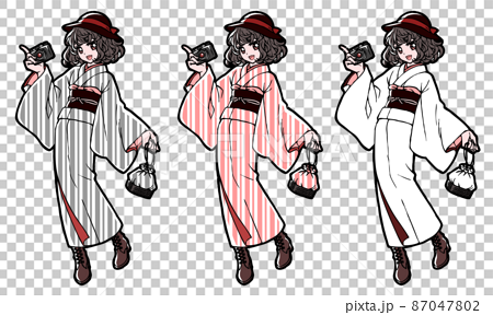 Anime-style full-body illustration of a kimono... - Stock Illustration  [87047802] - PIXTA