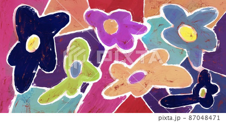 絵の具の抽象背景 デフォルメ花柄 レトロ 輪郭 カラフル ラフ 油絵 アート 横長バナーのイラスト素材