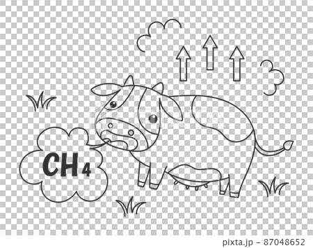 Cow burp, CH4 line drawing monochrome illustration 87048652