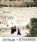 イスラエル　エルサレム　オリーブ山の墓所を歩くユダヤ教徒 87048993