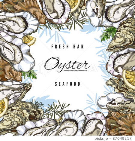 Seafood banner template with oysters hand drawn engraving vector illustration. 87049217