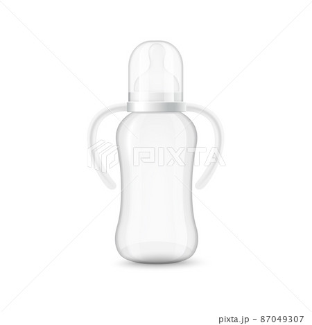 Newborn bottle with plastic cap, teat and handles, realistic vector illustration isolated on white background. 87049307