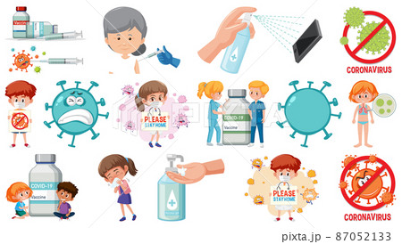 Cartoon character and Coronavirus vaccination isolated objects 87052133