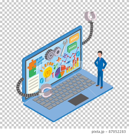 A PC and an office worker who work with various functions 87052283