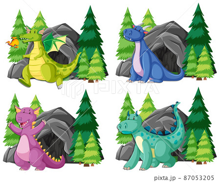 Set of dragons in front of big cave Set of dragons in front of big cave 87053205