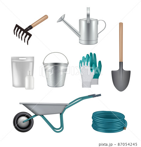 Gardening tools. Shovels fertilizer scissors items for growing plants and care flowers and grass decent vector realistic pictures set Gardening tools. Shovels fertilizer scissors items for growing plants and care flowers and grass decent vector realistic pictures set 87054245