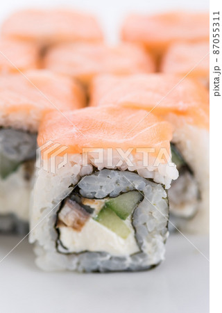 Japanese food restaurant, sushi maki gunkan roll plate or platter set. Sushi set and composition Japanese food restaurant, sushi maki gunkan roll plate or platter set. Sushi set and composition 87055311