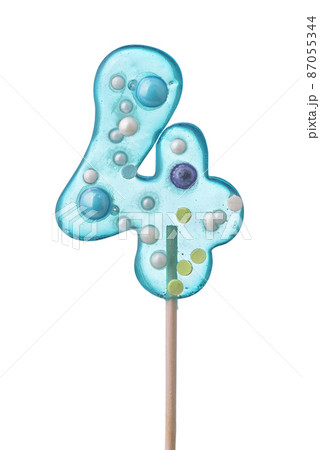 Front view of blue number four lollipop 87055344