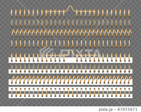 Gold notebooks spirals. Realistic pages binding elements. Flip paper calendars. 3D copybook sheets fasten. Scrapbook bookbinders. Notepads and planners clips. Vector metal fasteners set Gold notebooks spirals. Realistic pages binding elements. Flip paper calendars. 3D copybook sheets fasten. Scrapbook bookbinders. Notepads and planners clips. Vector metal fasteners set 87055671