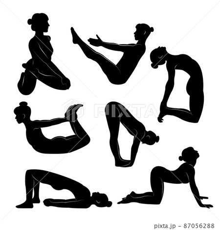 Set of vector isolated silhouette illustrations of a fit young lady practising yoga and exercising for a healthy lifestyle on a white backdrop for graphic t-shirt, icon, web, poster, and print. 87056288