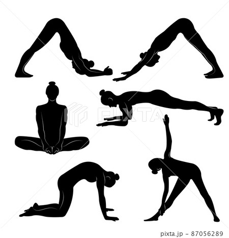 Set of vector isolated silhouette illustrations of a fit young lady practising yoga and exercising for a healthy lifestyle on a white backdrop for graphic t-shirt, icon, web, poster, and print. 87056289
