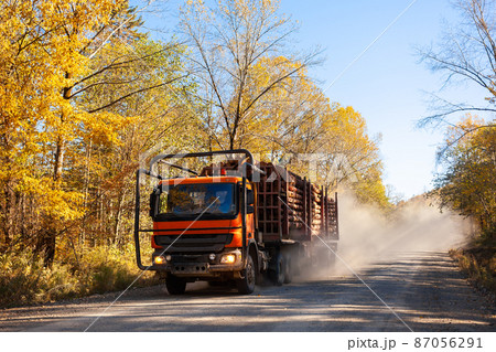 Orange logging truck on forest road in autumn 87056291