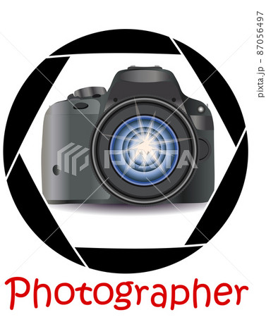 A realistic modern camera in the frame of the camera's diaphragm. Concept photography, vocations, photo business. Inscription Photographer A realistic modern camera in the frame of the camera's diaphragm. Concept photography, vocations, photo business. Inscription Photographer 87056497