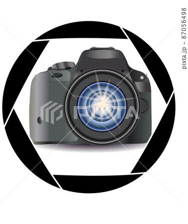 A realistic modern camera in the frame of the camera's diaphragm. Concept photography, vocations, photo business 87056498