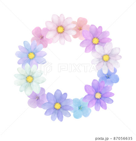 パステルカラーのリース 花の水彩イラストのイラスト素材