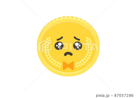 リボンの刻印がかわいい涙目 ぴえんな表情のコイン 硬貨 顔付きのシンプルなお金 メダルの素材のイラスト素材