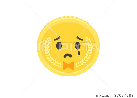リボンの刻印がかわいい泣き顔のコイン 硬貨 顔付きのシンプルなお金 メダルの素材のイラスト素材
