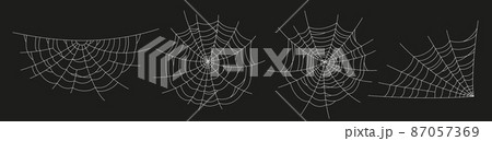 Scary spider webs. White cobweb silhouette isolated on black background. Set of doodle spidewebs. Hand drawn cob webs for Halloween party. Vector illustration Scary spider webs. White cobweb silhouette isolated on black background. Set of doodle spidewebs. Hand drawn cob webs for Halloween party. Vector illustration 87057369