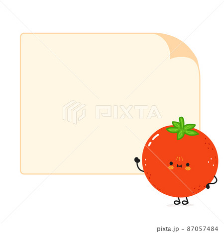 Cute funny tomato character with speech bubble. Vector hand drawn cartoon kawaii character illustration icon. Isolated on white background. Happy tomato character concept Cute funny tomato character with speech bubble. Vector hand drawn cartoon kawaii character illustration icon. Isolated on white background. Happy tomato character concept 87057484