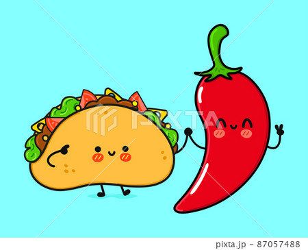 Cute, funny happy taco and chili pepper. Vector hand drawn cartoon kawaii characters, illustration icon. Funny happy cartoon taco and chili pepper mascot character concept 87057488