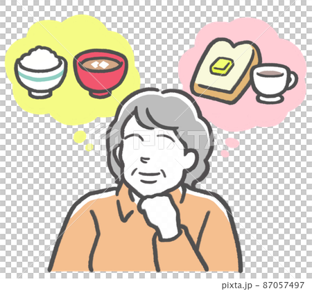 A middle-aged woman who imagines rice and bread and is wondering whether to choose Japanese or Western food A middle-aged woman who imagines rice and bread and is wondering whether to choose Japanese or Western food 87057497