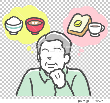 A middle-aged man who imagines rice and bread and is wondering whether to choose Japanese or Western food A middle-aged man who imagines rice and bread and is wondering whether to choose Japanese or Western food 87057498