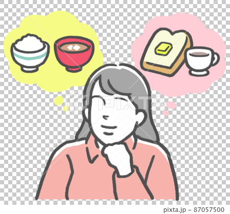 A young woman who imagines rice and bread and is wondering whether to choose Japanese or Western food A young woman who imagines rice and bread and is wondering whether to choose Japanese or Western food 87057500