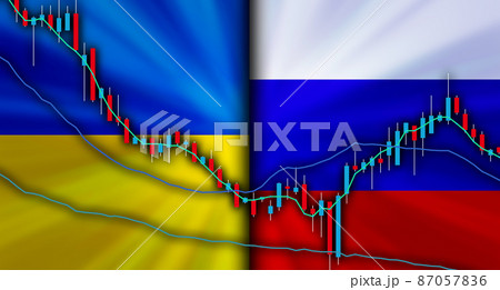 ウクライナvsロシアの対立する国旗経済背景イメージ 87057836