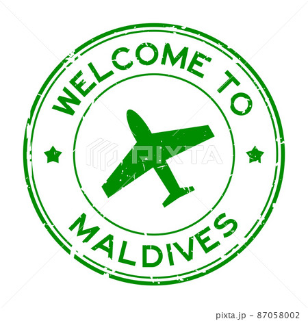 Grunge green welcome to Maldives word with airplane icon round rubber seal stamp on white background Grunge green welcome to Maldives word with airplane icon round rubber seal stamp on white background 87058002