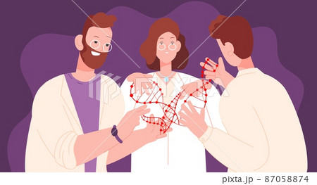 Scientists explore DNA. Scientist engineer study genome, scientific research gene modification, bio molecular analysis medical lab, explorer molecule, splendid vector illustration 87058874